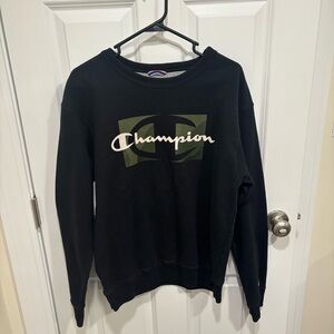 Champion Script Logo Black Olive Green Print Crewneck Sweatshirt Mens Medium